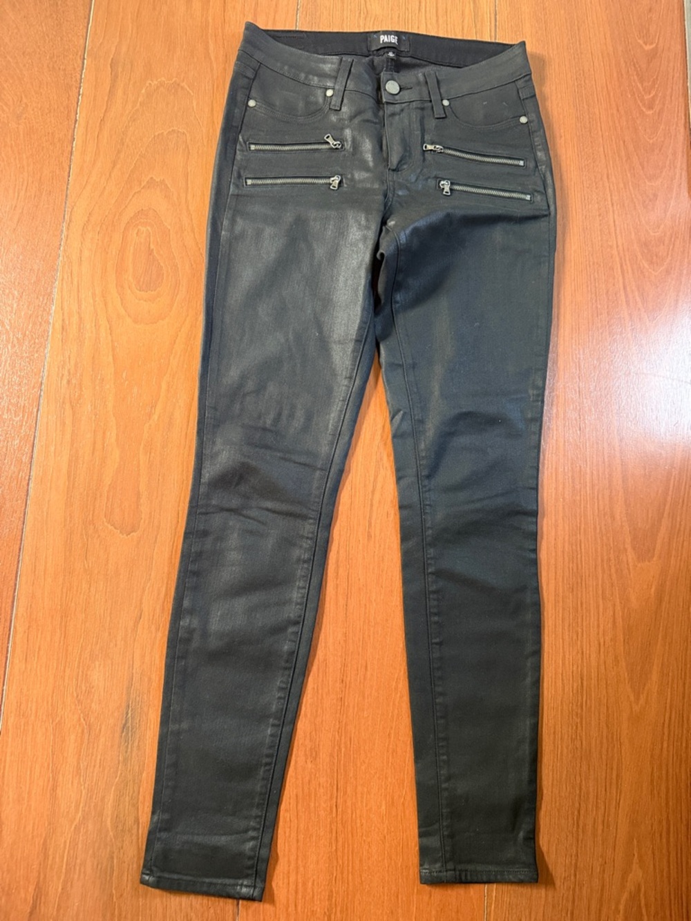 PAIGE Black Coated Skinny Zip-Front Jeans